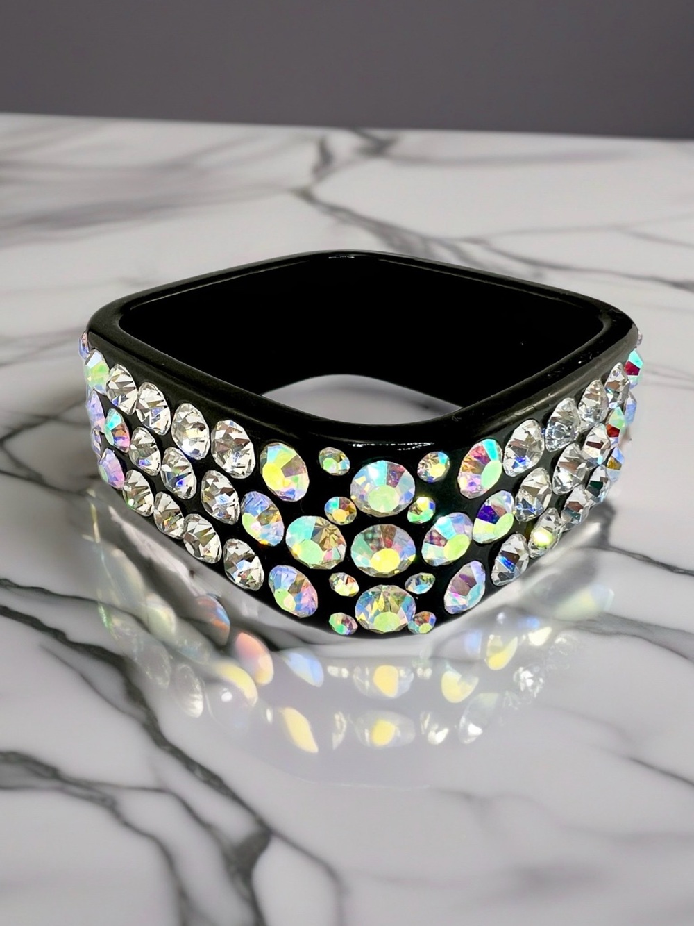 Vintage Black Bracelet with Iridescent Crystal Accents